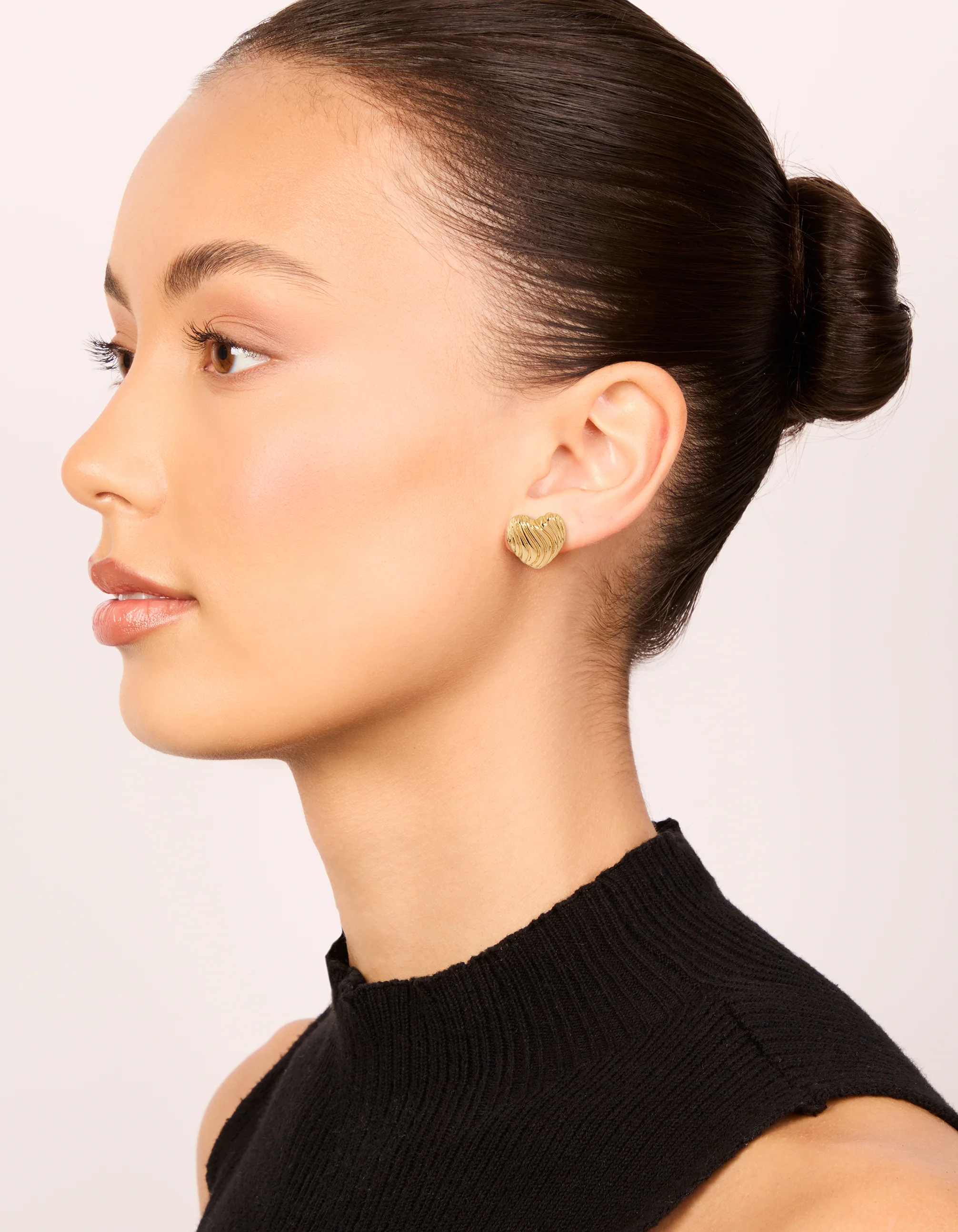 Gold Plated Ribbed Heart Stud Earrings - Image 3