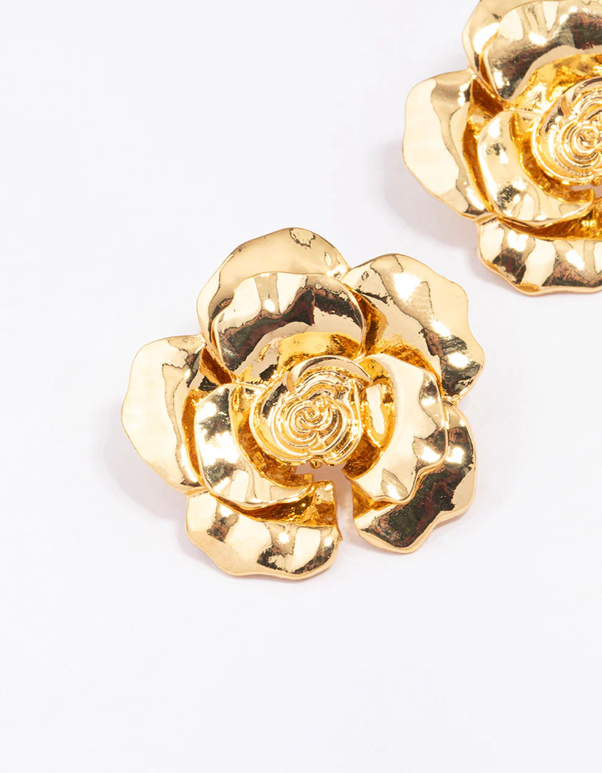Gold Plated Rose Large Stud Earrings - Image 2