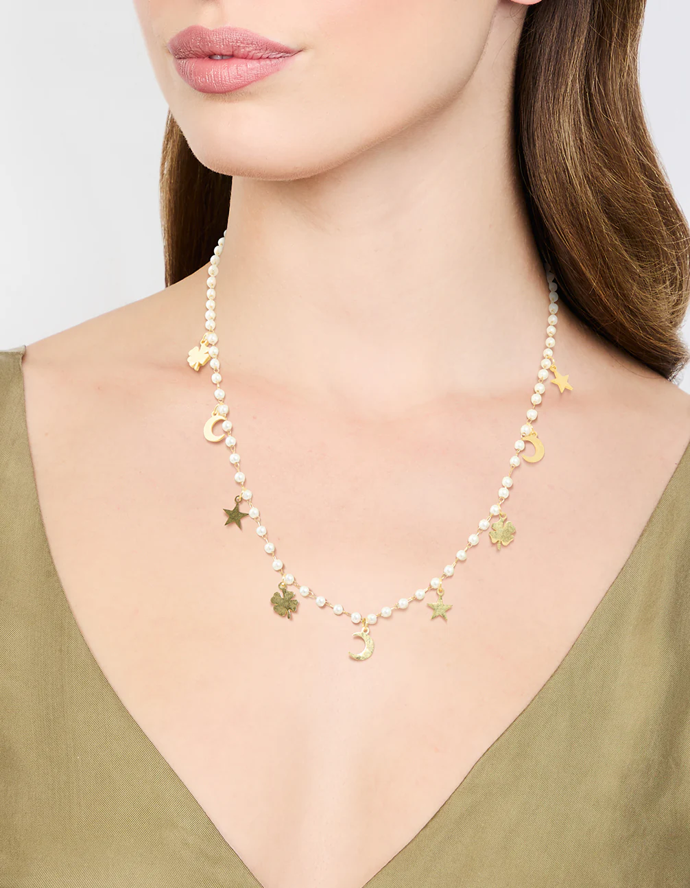 Waterproof Gold Plated Stainless Steel Clover Star & Moon Charm Necklace - Image 2
