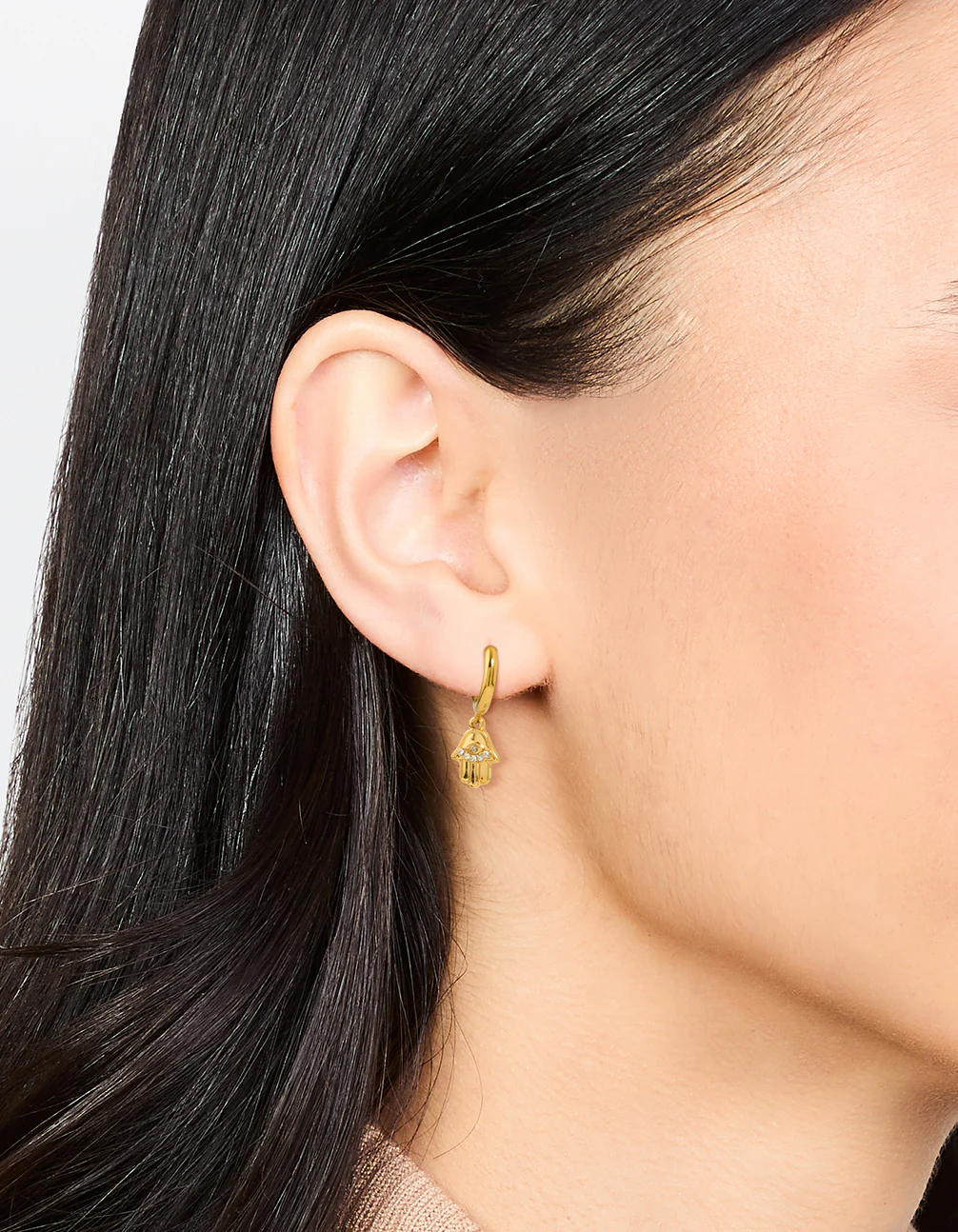 Waterproof Gold Plated Stainless Steel Hamsa Hand Hoop Earrings - Image 2
