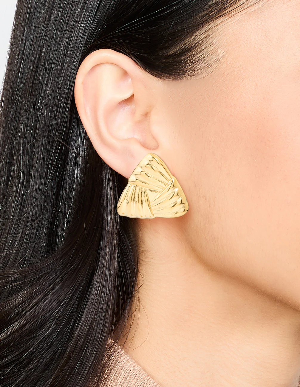 Waterproof Gold Plated Stainless Steel Ribbed Triangle Stud Earrings - Image 2