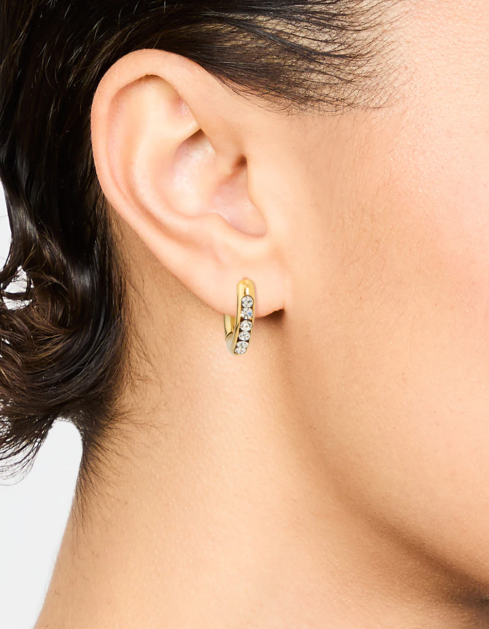 Waterproof Gold Plated Stainless Steel Round Diamante Clicker Hoop Earrings - Image 2