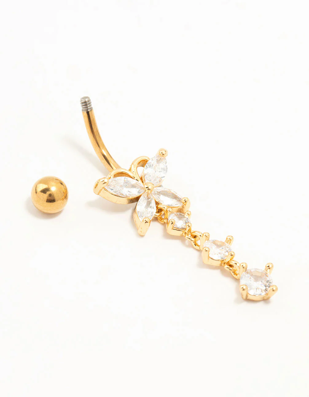 Gold Plated Surgical Steel Cubic Zirconia Butterfly Belly Bar - Image 2