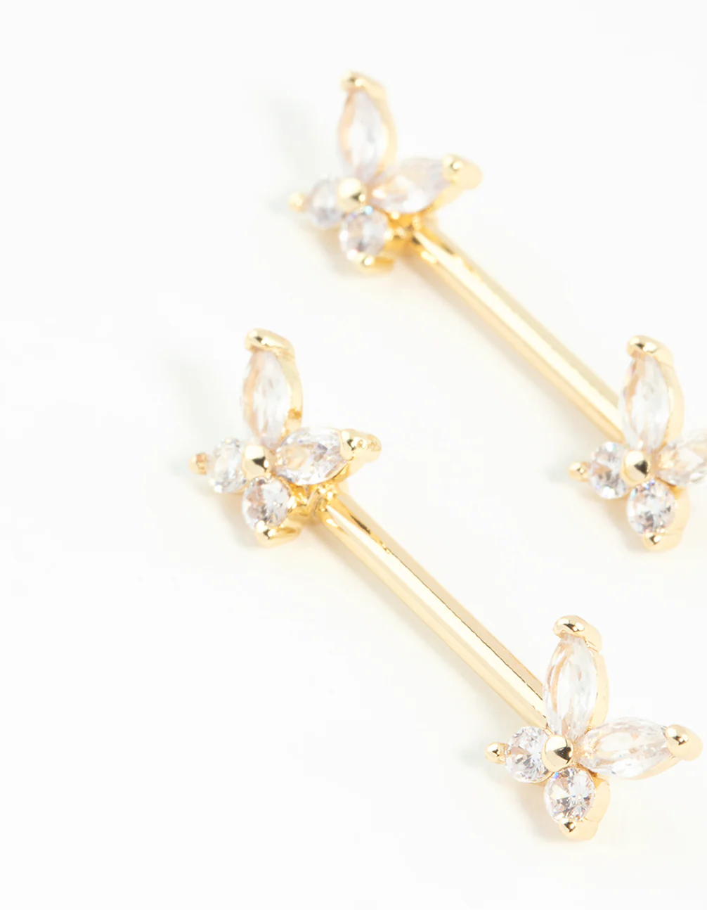 Gold Plated Surgical Steel Cubic Zirconia Butterfly Nipple Bars 2-Pack - Image 2