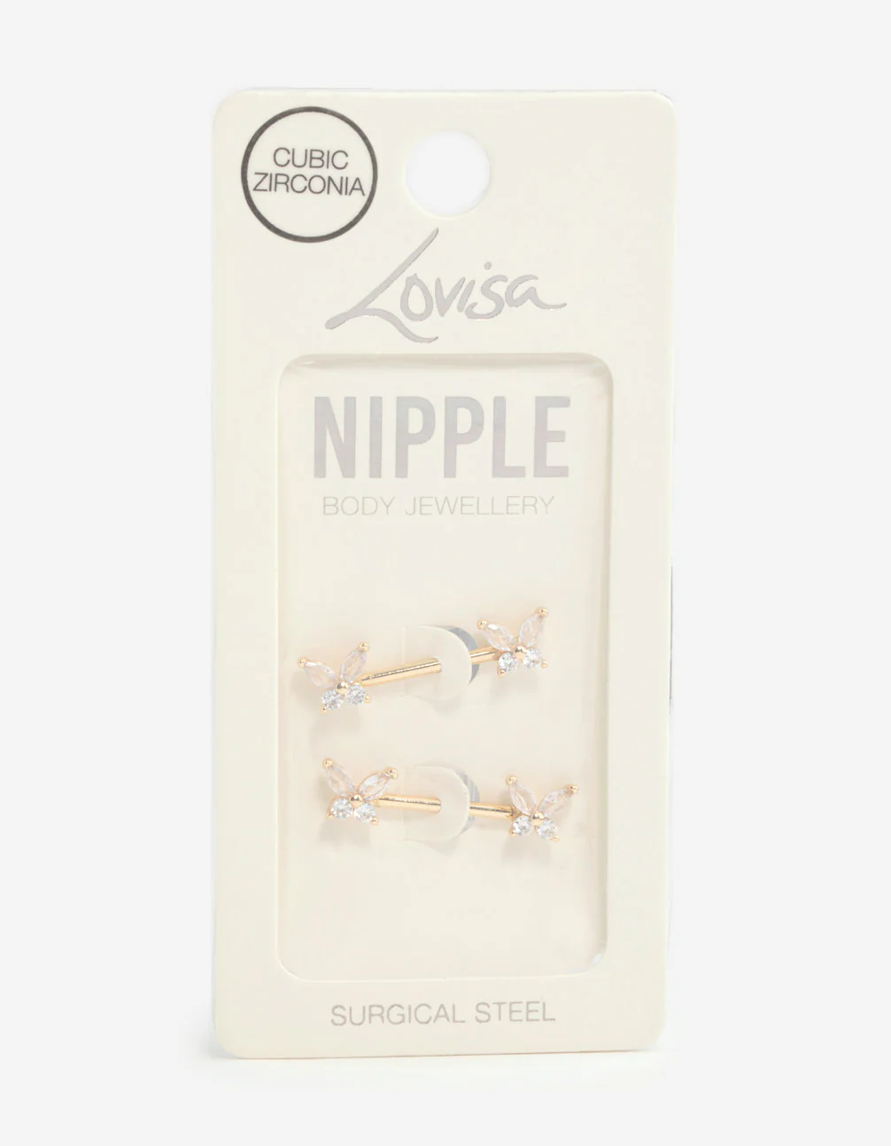 Gold Plated Surgical Steel Cubic Zirconia Butterfly Nipple Bars 2-Pack - Image 3