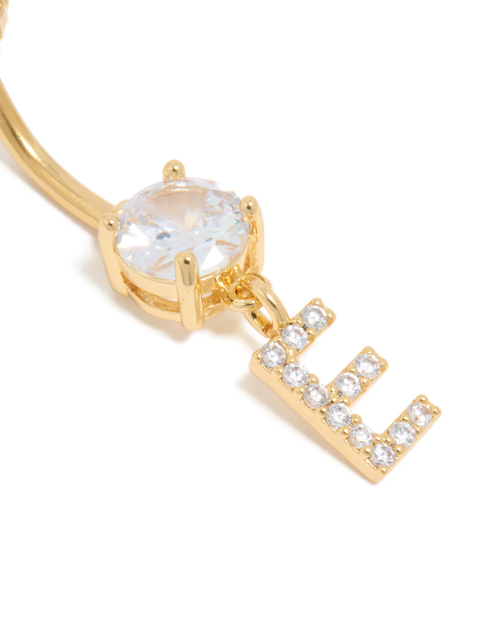 Gold Plated Surgical Steel Cubic Zirconia Pavé Letter E Belly Bar - Image 2