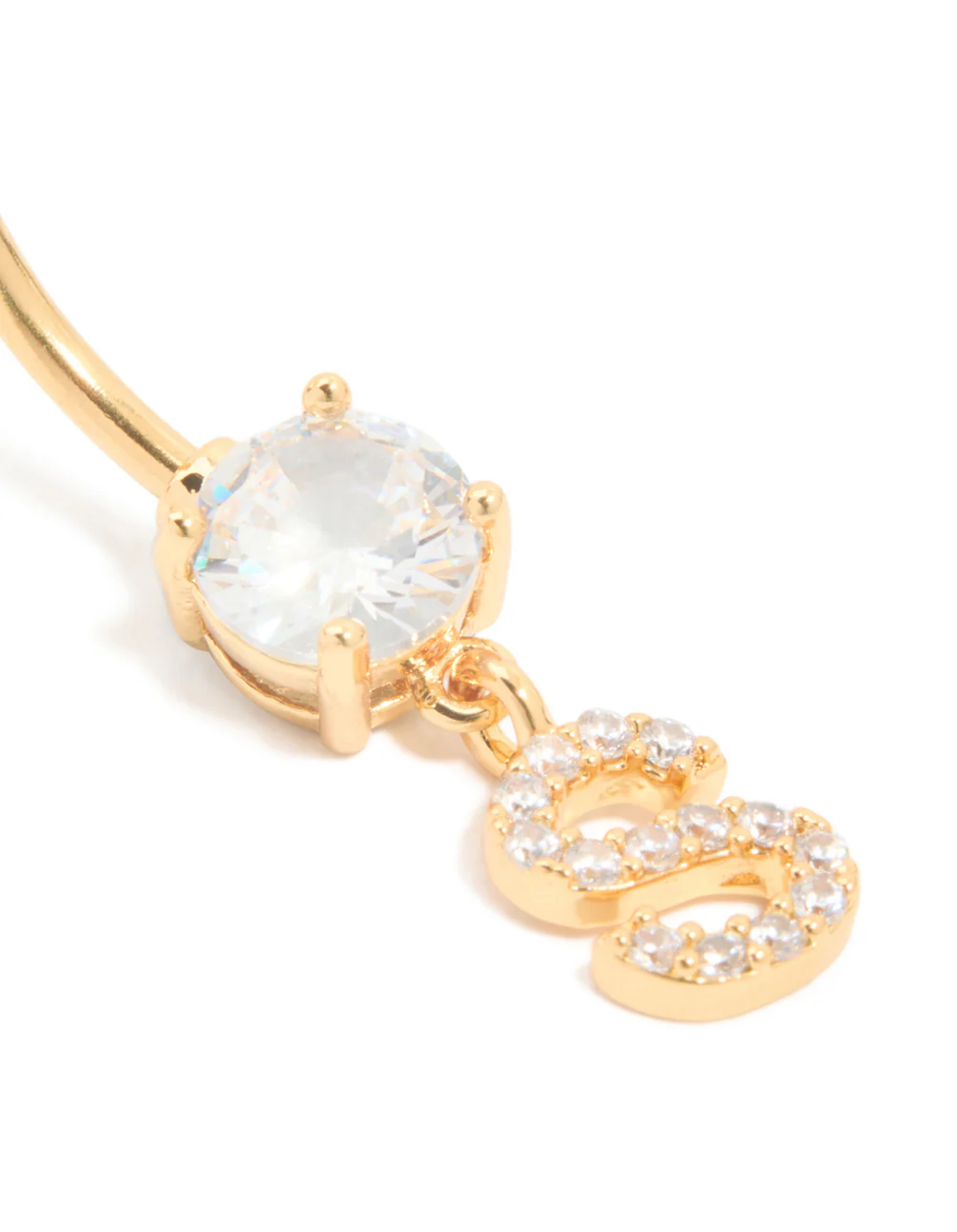 Gold Plated Surgical Steel Cubic Zirconia Pavé Letter S Belly Bar - Image 2