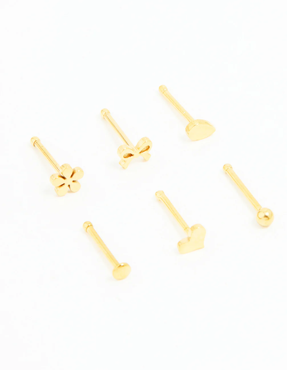 Gold Plated Surgical Steel Heart, Bow & Flower Nose Stud 6-Pack