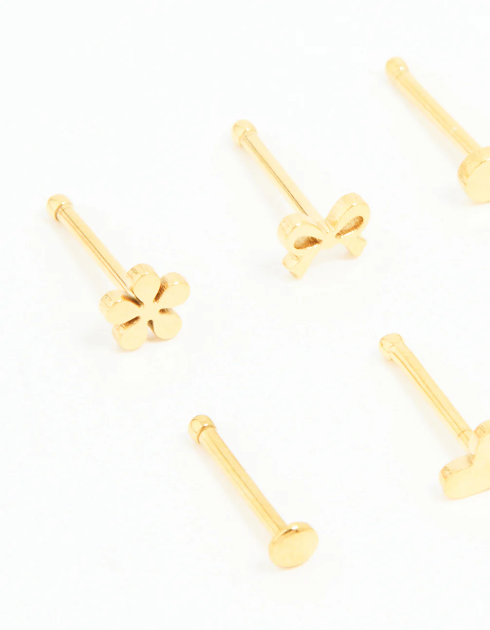 Gold Plated Surgical Steel Heart, Bow & Flower Nose Stud 6-Pack - Image 2