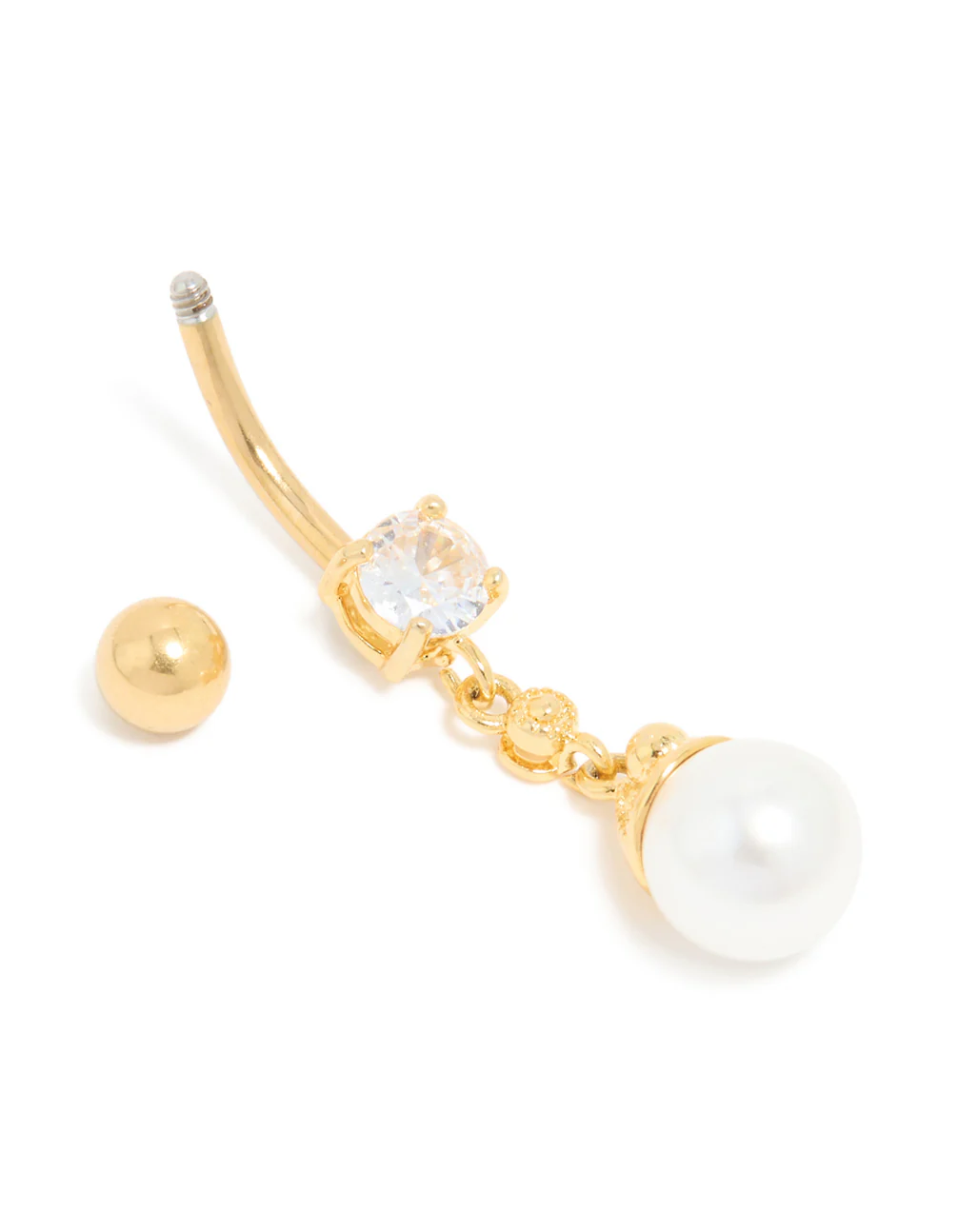 Gold Plated Surgical Steel Pearl & Cubic Zirconia Belly Bar - Image 3