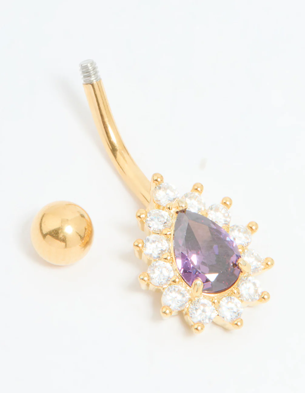 Gold Plated Surgical Steel Purple Cubic Zirconia Teardrop Belly Bar - Image 2