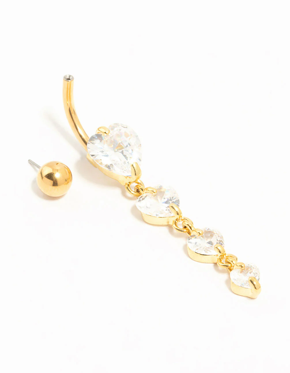 Gold Plated Titanium Cubic Zirconia Heart Quartet Threadless Belly Bar - Image 2