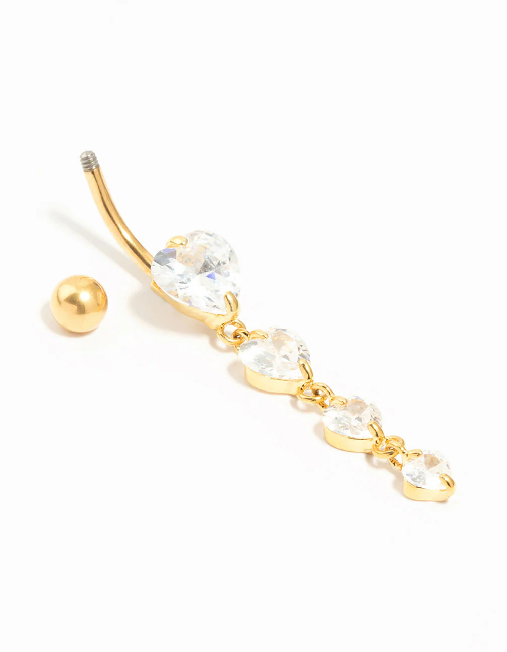 Gold Plated Titanium Graduating Cubic Zirconia Heart Drop Belly Bar - Image 2