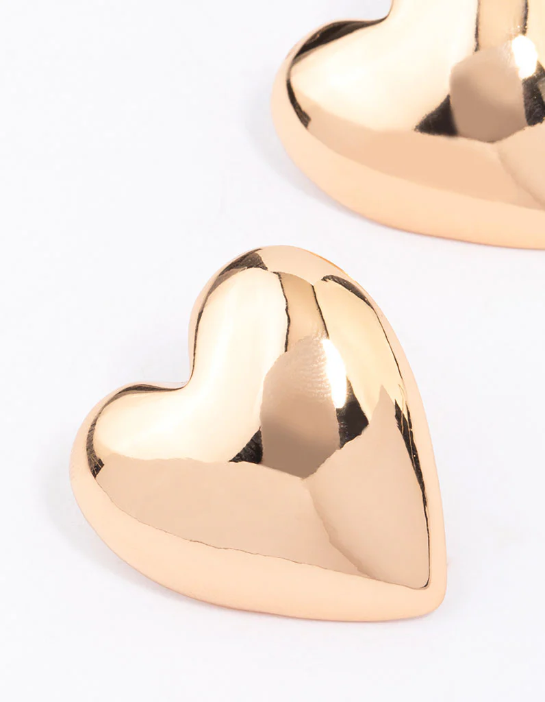 Gold Puffy Heart Stud Earrings - Image 2