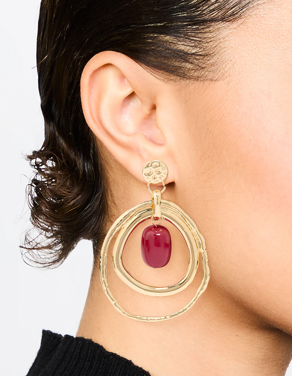 Gold Red Bead Layered Teardrop Shaped Stud Earrings - Image 2