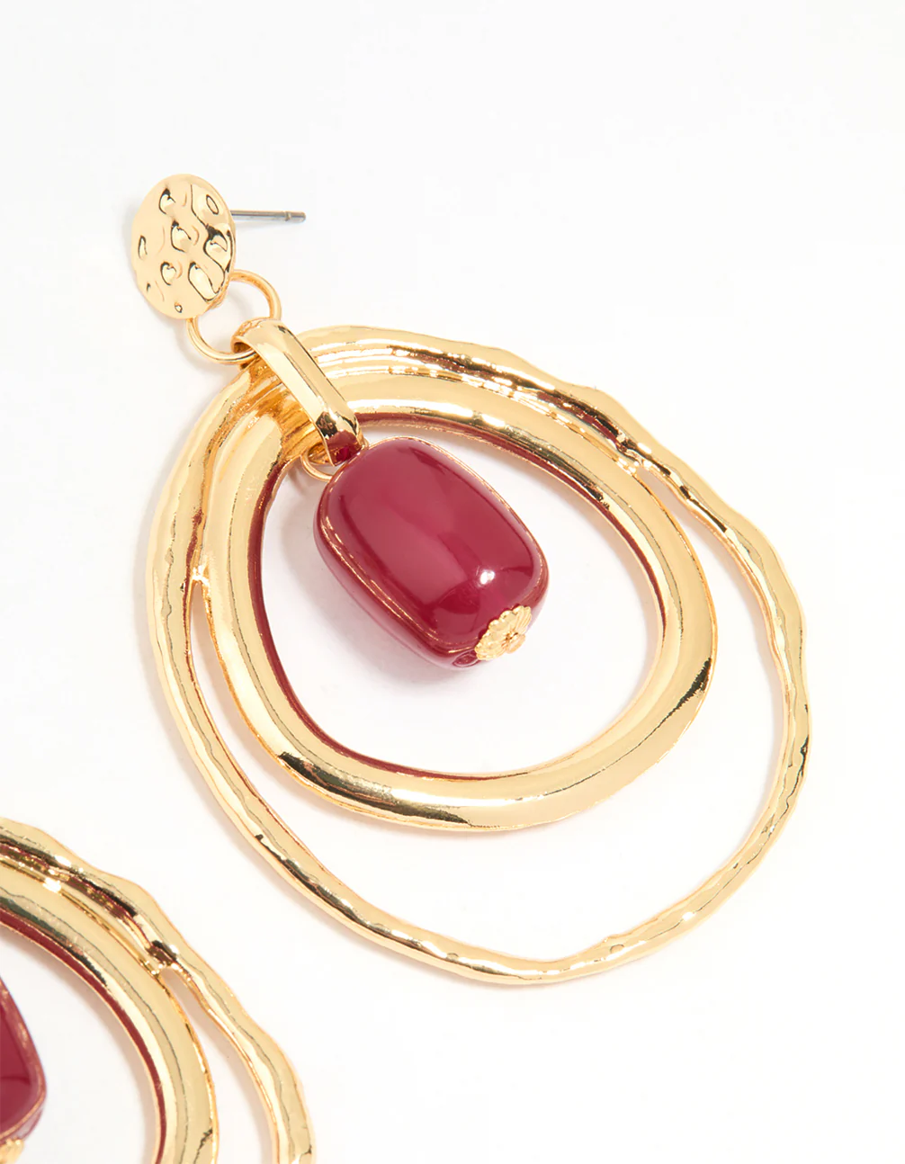 Gold Red Bead Layered Teardrop Shaped Stud Earrings - Image 5
