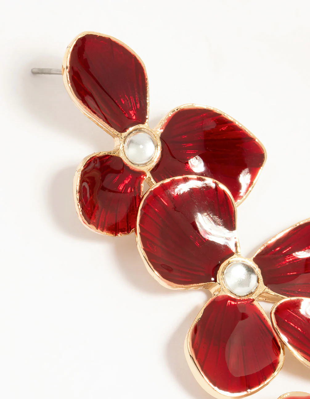Gold Red Enamel Triple Flower Drop Earrings - Image 7