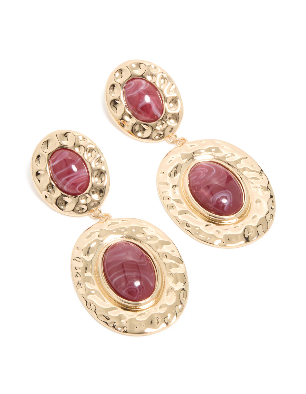 Gold & Red Stone Hammered Textured Double Drop Earrings