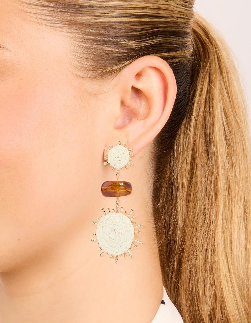 Gold Brown Stone Twisted Drop Earrings - Image 2