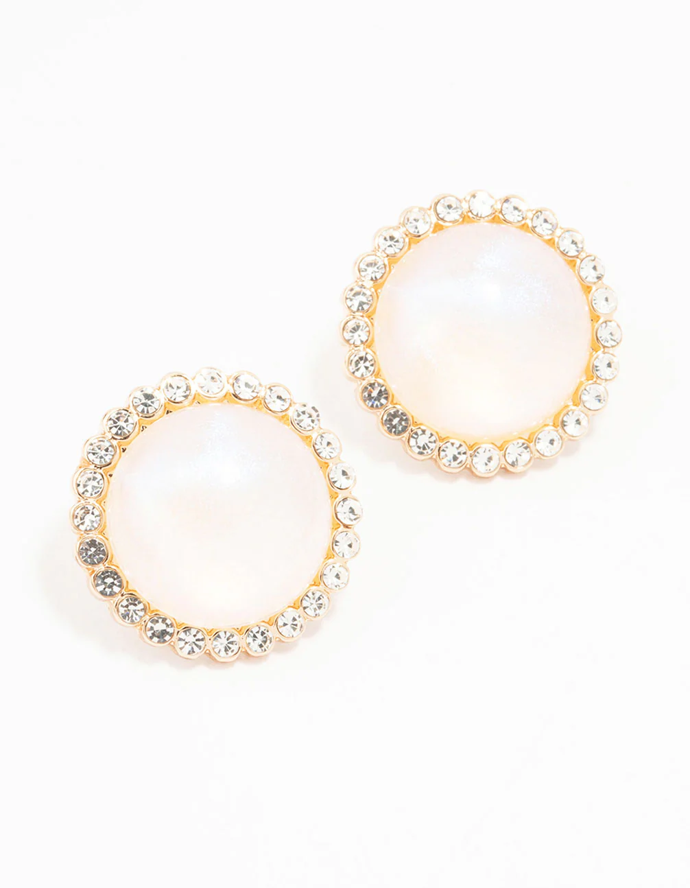Gold Round Diamante Pearl Stud Earrings