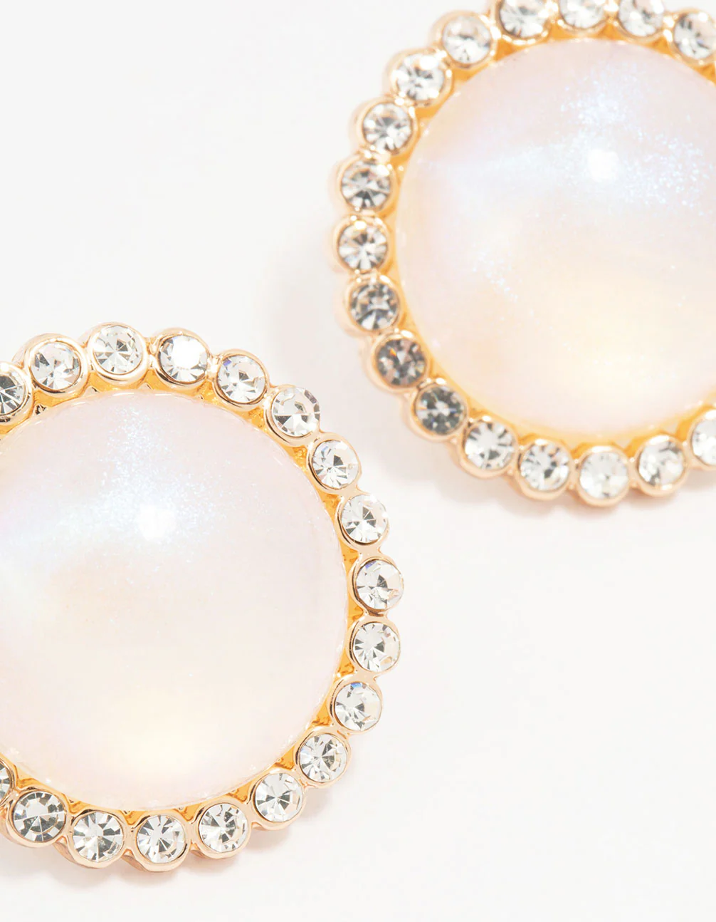 Gold Round Diamante Pearl Stud Earrings - Image 2