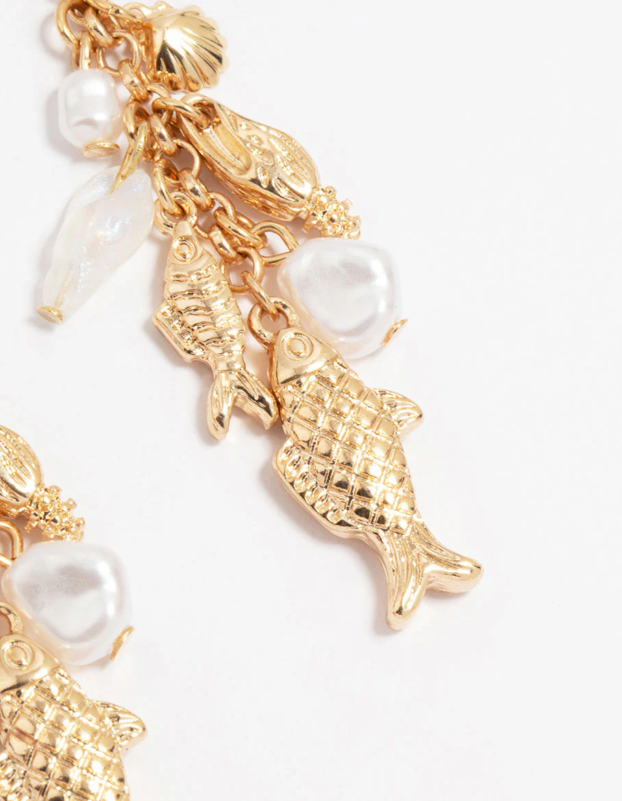 Gold Shell Fish Charm Drop Earrings - Image 5