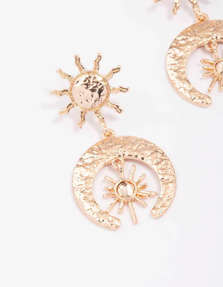 Gold Small Textured Celestial Drop Earrings - Image 2