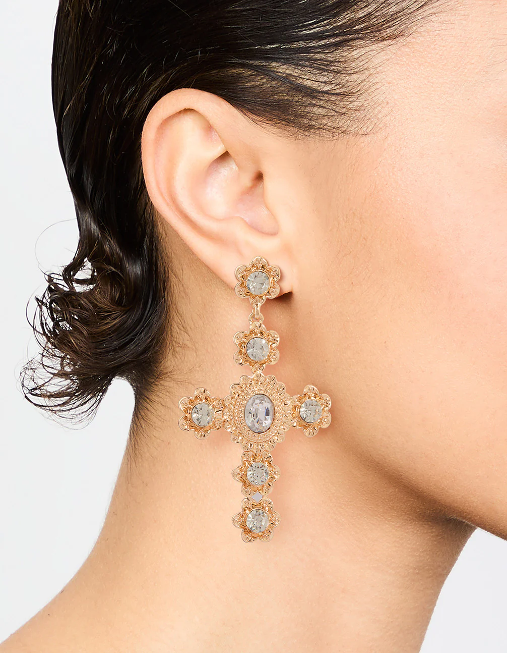 Gold Stone Flower Cross Drop Earrings - Image 2