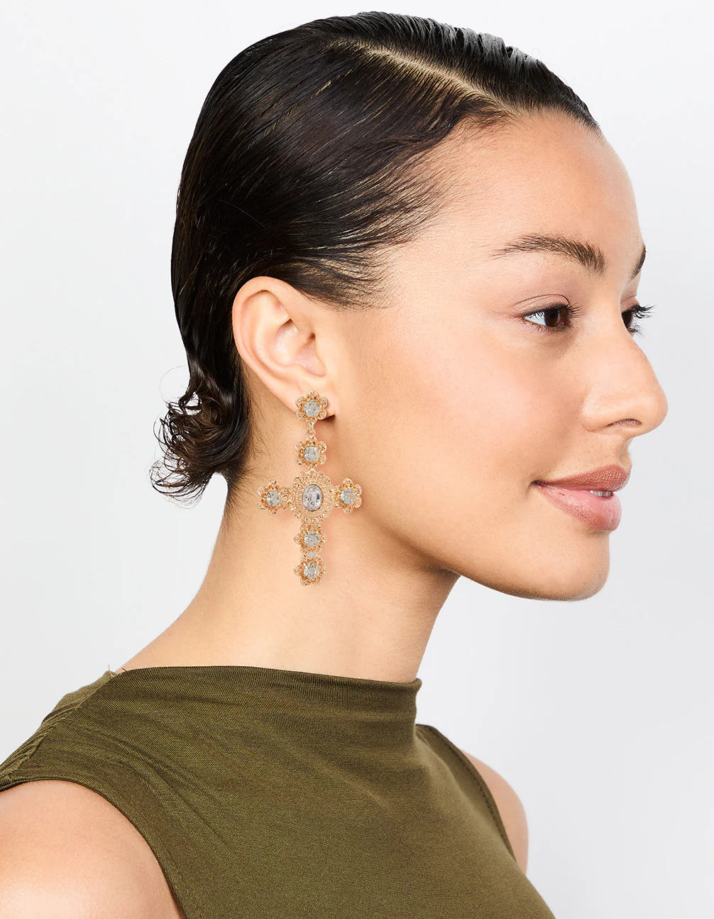 Gold Stone Flower Cross Drop Earrings - Image 3