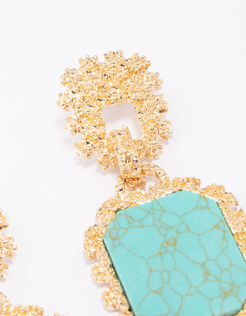 Gold Textured Oval & Square Drop Earrings - Image 3