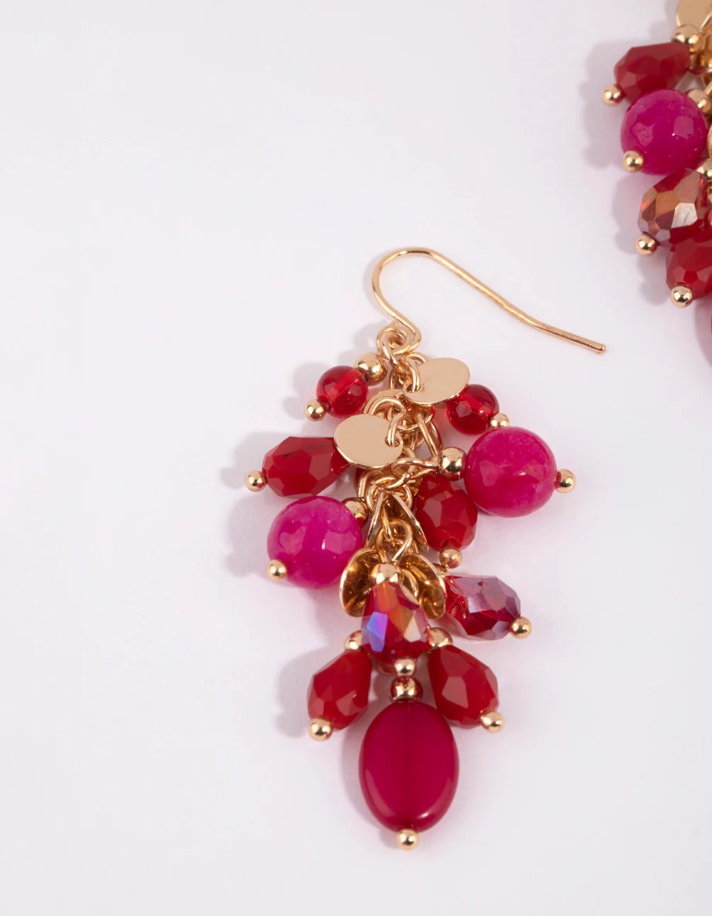 Gold & Red Clustered Bead Drop Earrings - Image 2