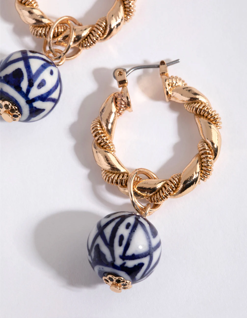Gold Twisted Hoop & Bead Earrings - Image 2