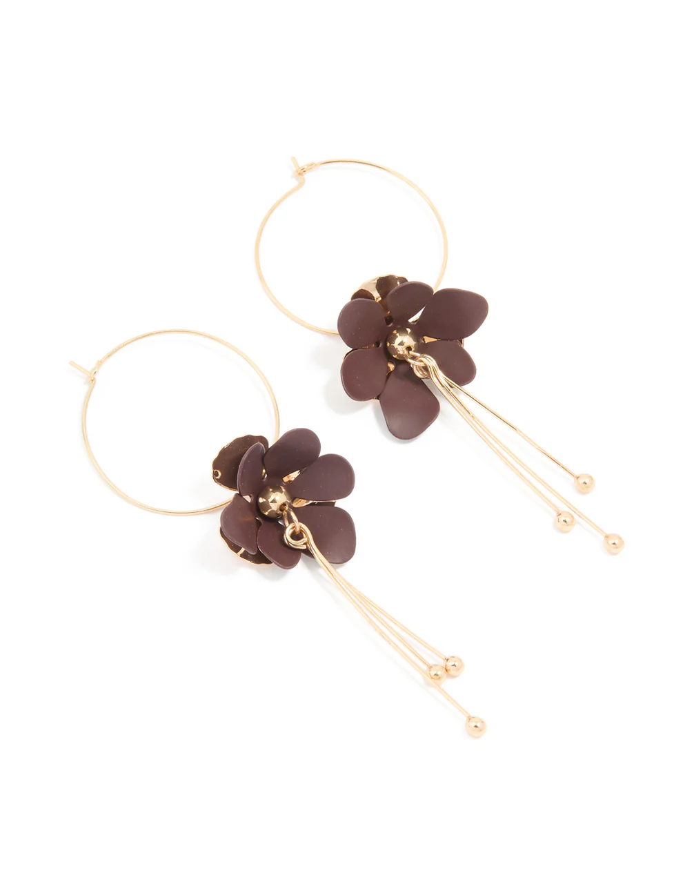 Gold Upside Down Brown Flower Chain Drop Earrings