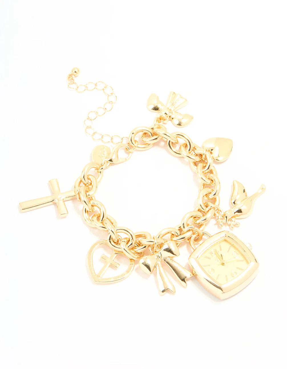 Gold Watch & Cross Charm Bracelet