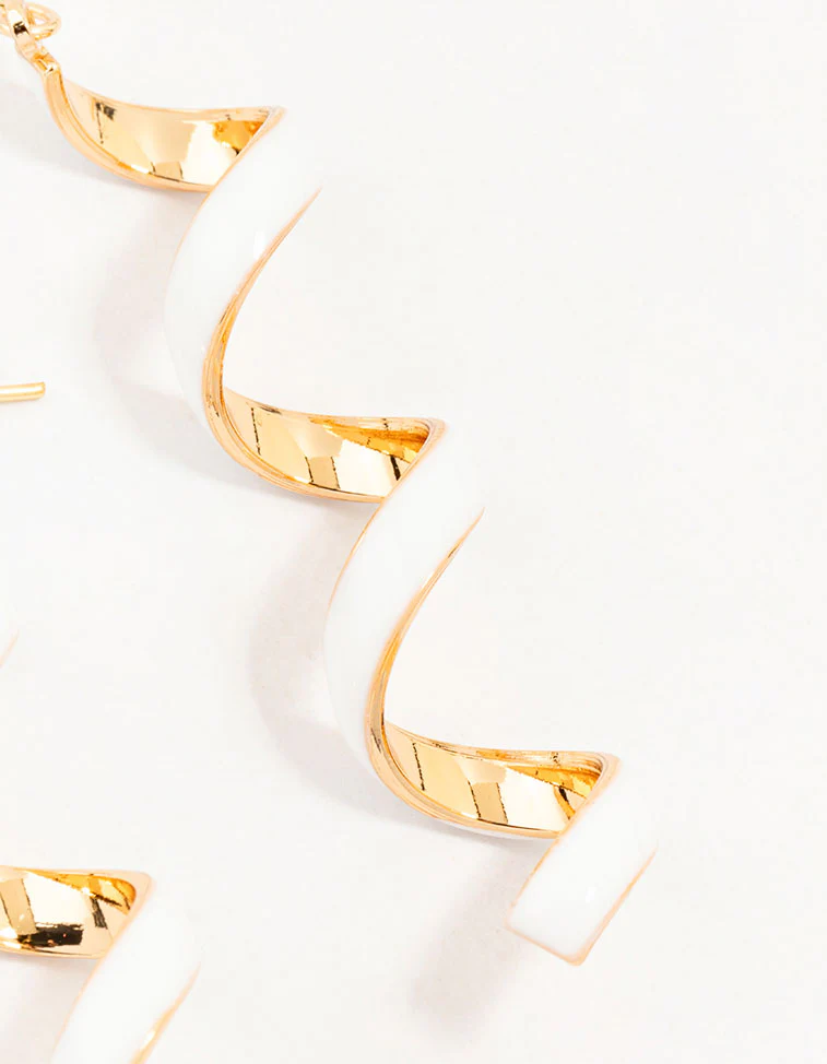 Gold White Enamel Spiral Drop Earrings - Image 3