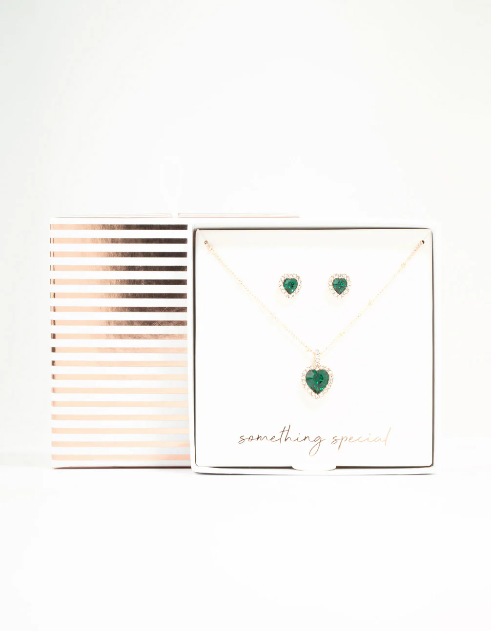 Green Diamante Heart Necklace & Stud Earrings Set - Image 2