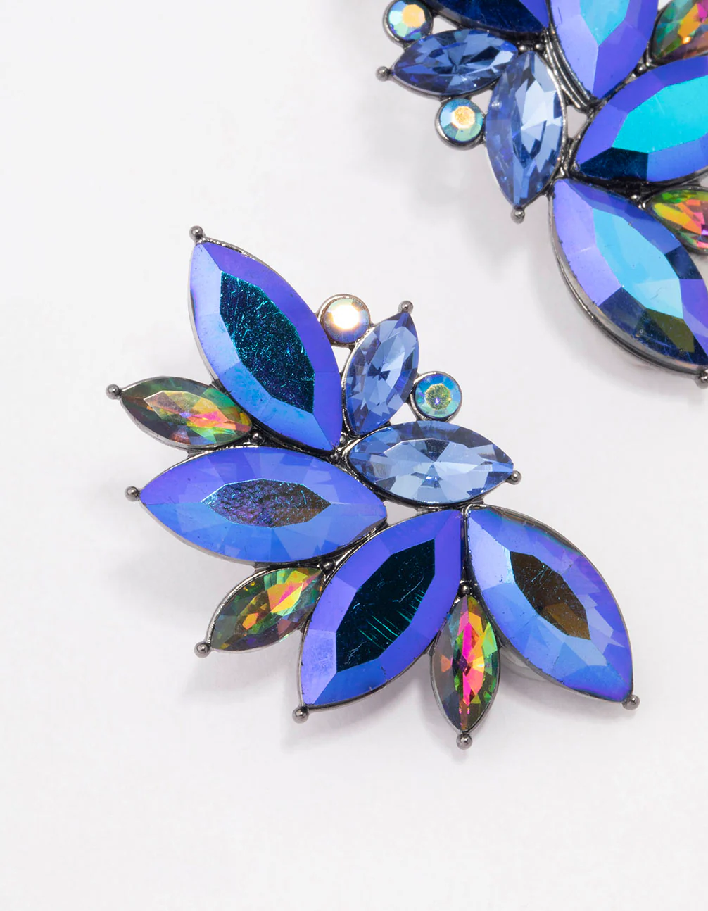 Silver Gunmetal Blue Diamante Marquise Statement Stud Earrings - Image 2