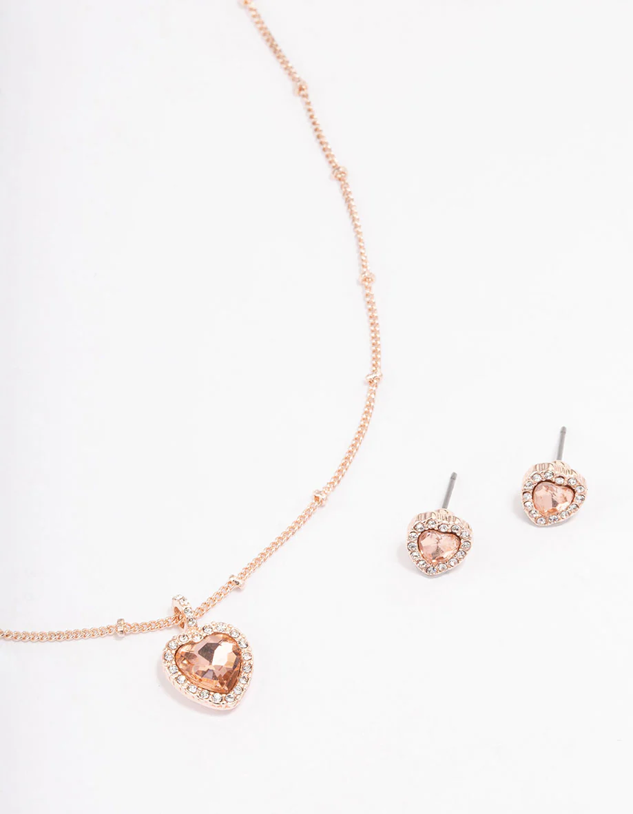 Rose Gold Heart Halo Ball Necklace & Stud Earring Pack - Image 3