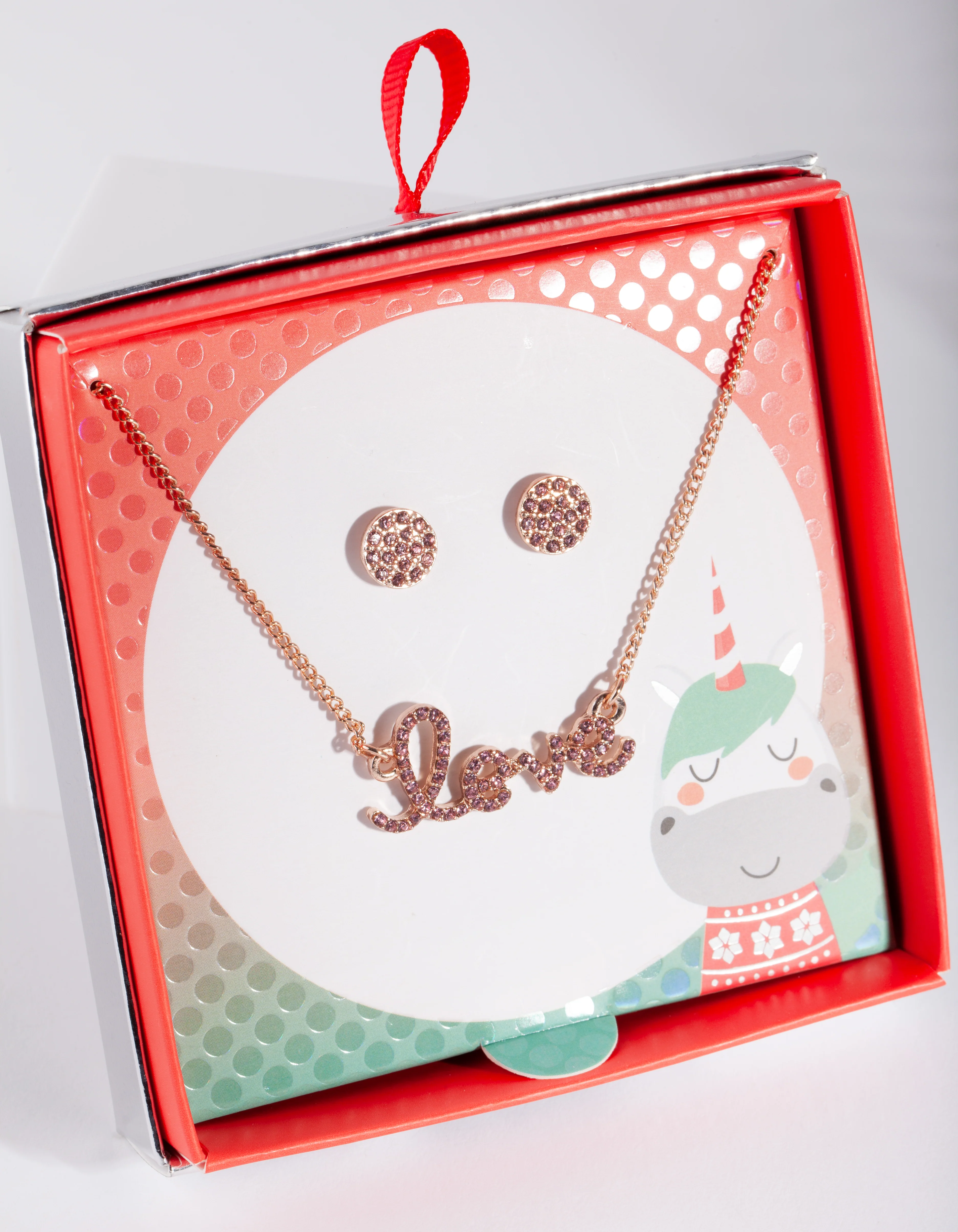 Kids Rose Gold Diamante Love Earring Necklace Set