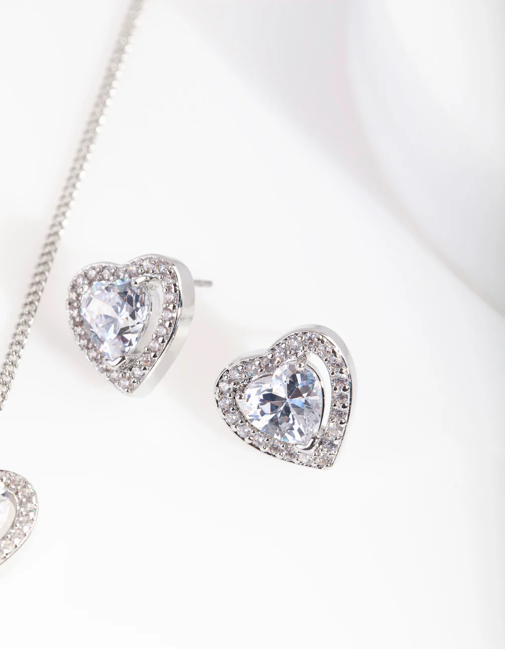 Silver Cubic Zirconia Boarder Heart Earring Necklace Set - Image 4