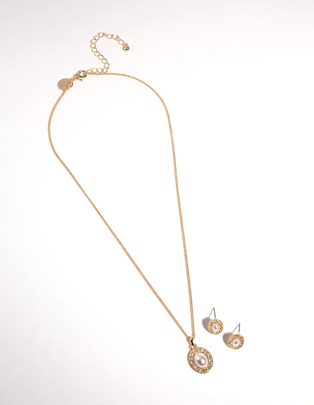 Gold Oval Pearl Diamante Necklace & Earrings Set - Image 2