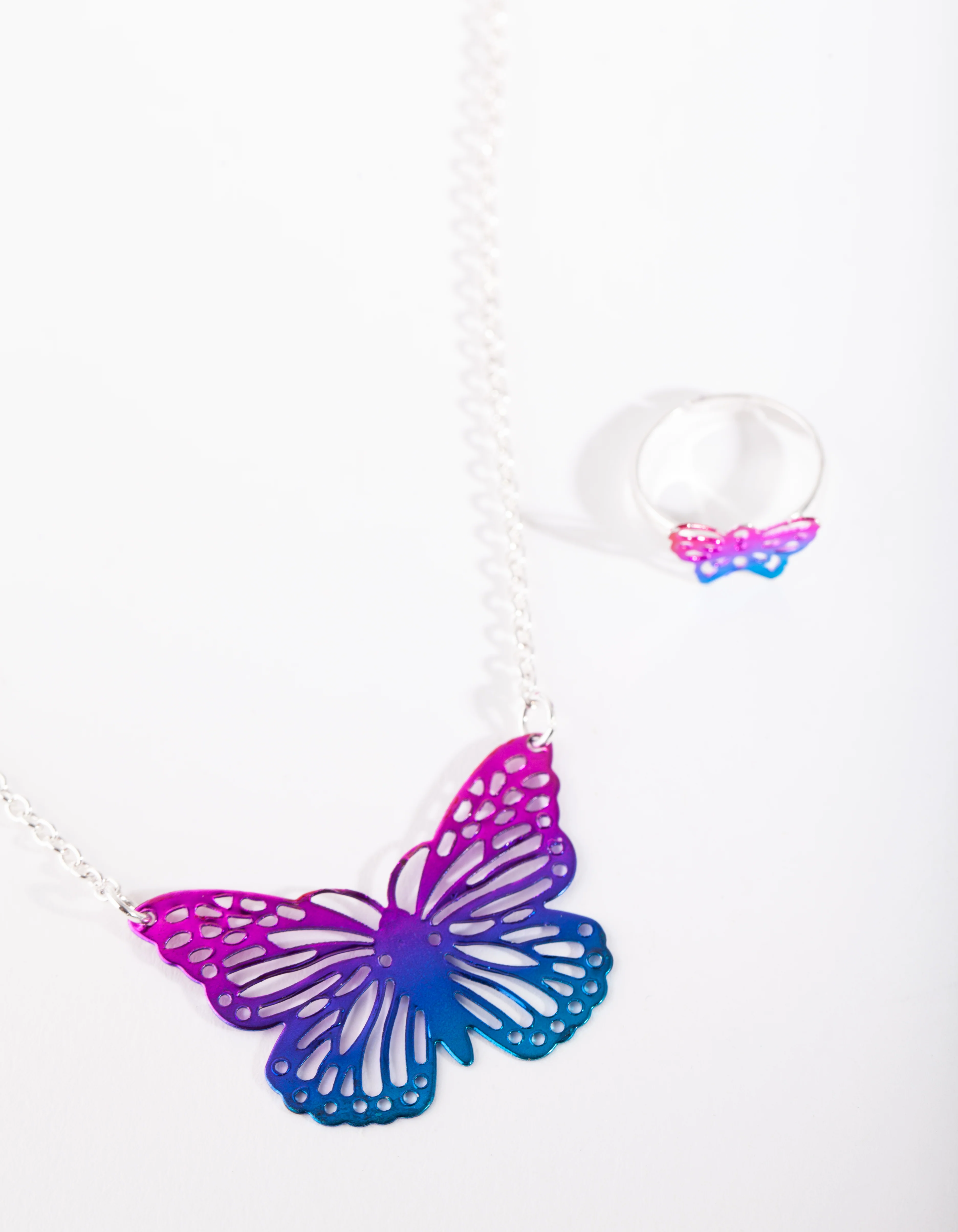Kids Silver Butterfly Necklace Ring Set - Image 2