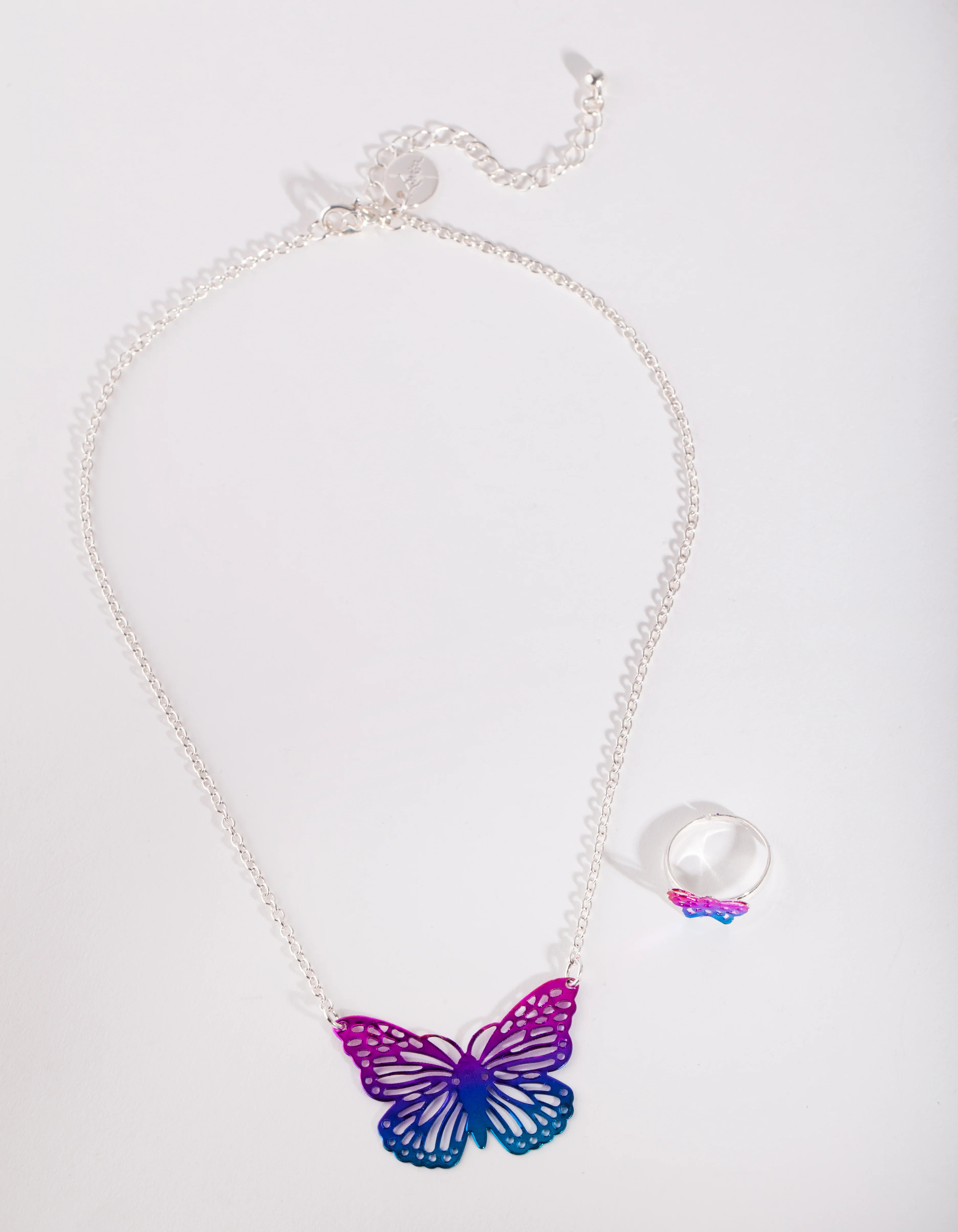 Kids Silver Butterfly Necklace Ring Set - Image 3