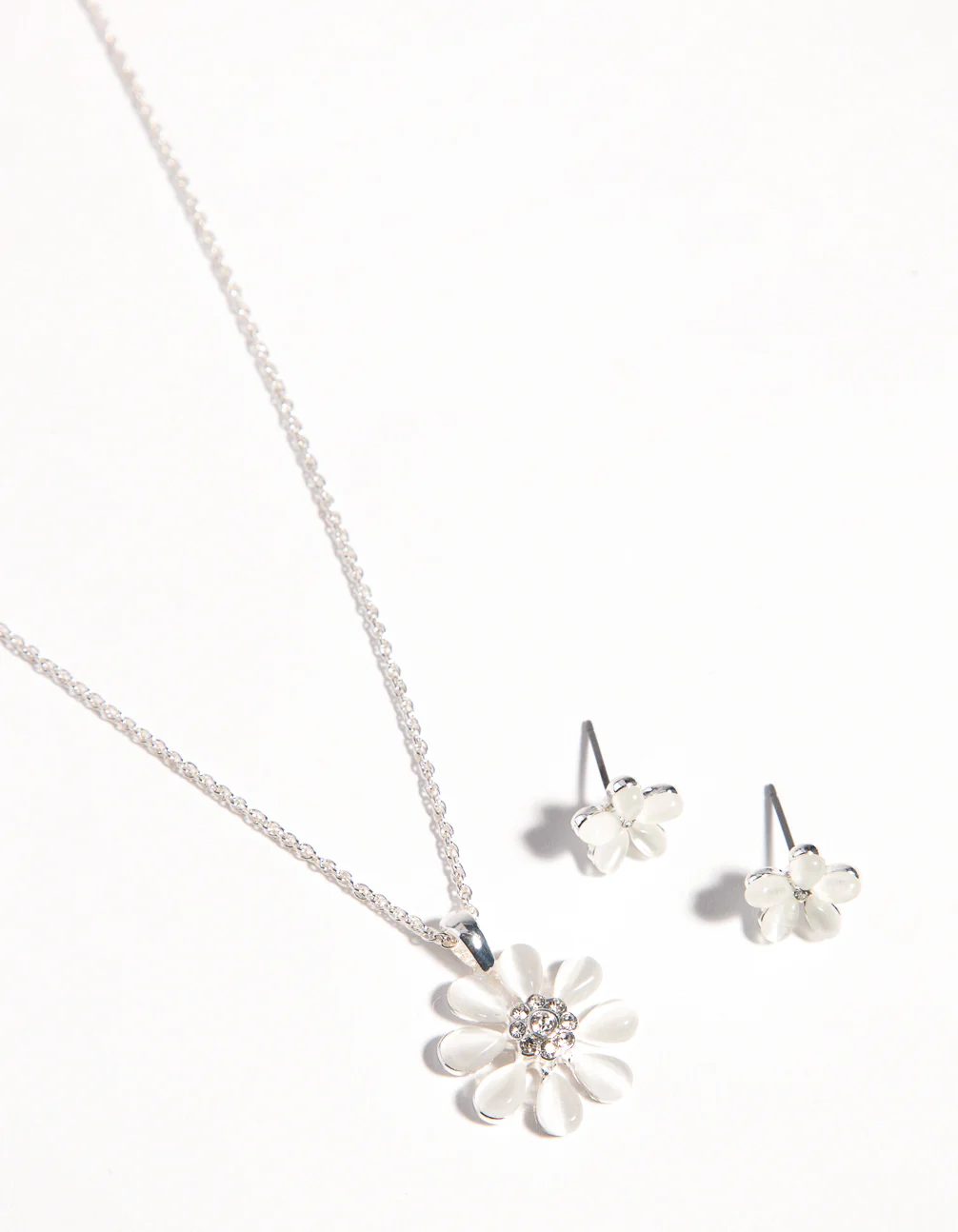 Silver Daisy Cateye Necklace & Earrings Set
