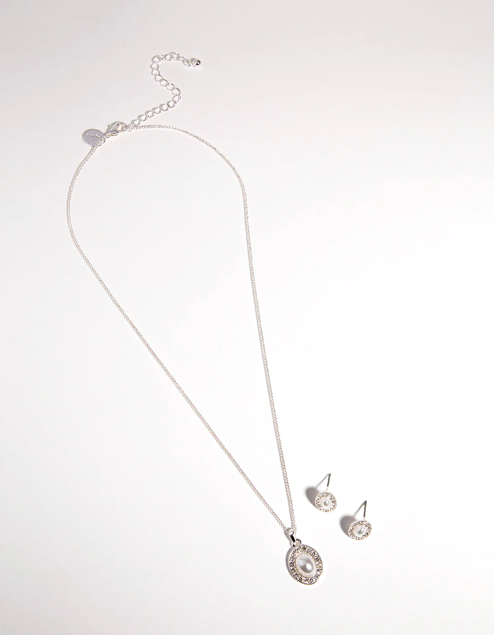 Silver Oval Pearl Diamante Necklace & Earrings Set - Image 2