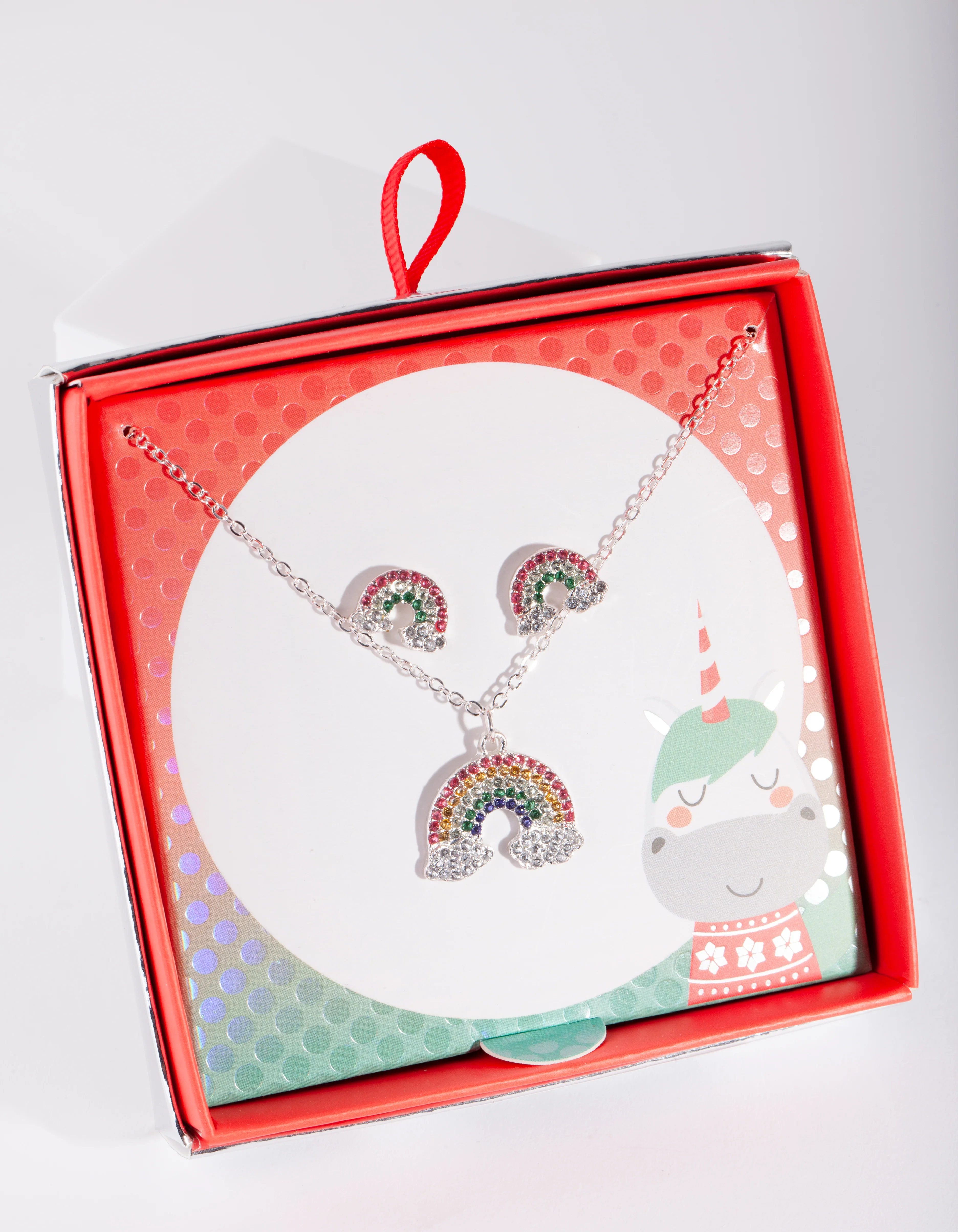 Kids Silver Rainbow Diamante Earring Necklace