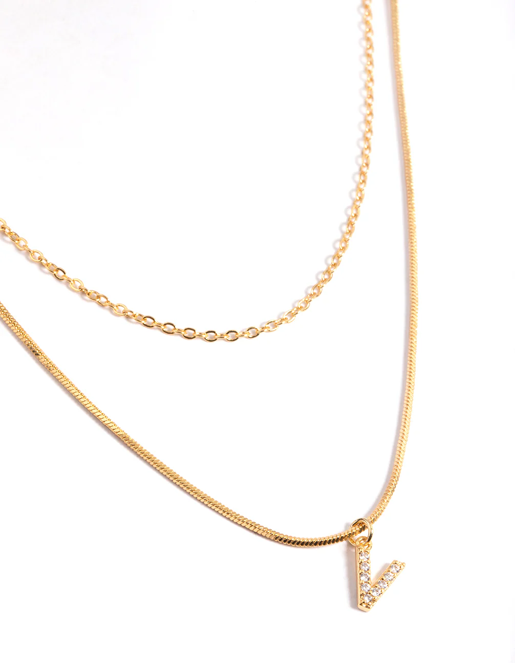 Gold Plated Diamante Letter V Layered Necklace
