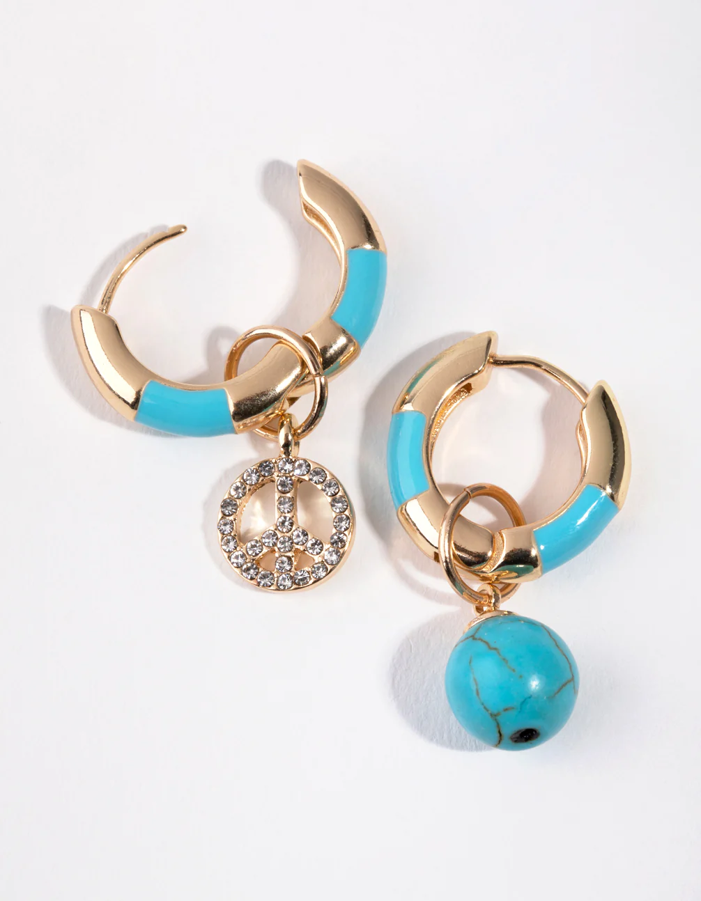 Gold Turquoise Diamante Peace Hoop Earrings - Image 2