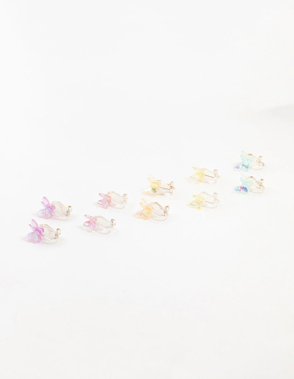Kids Holographic Butterfly Silver Clip-On Earrings 5-Pack