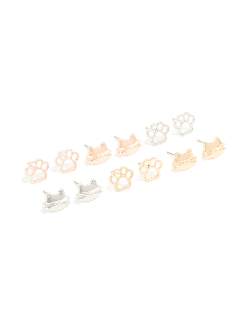 Kids Mixed Metal Dog Paw & Cat Face Stud Earrings 6-Pack